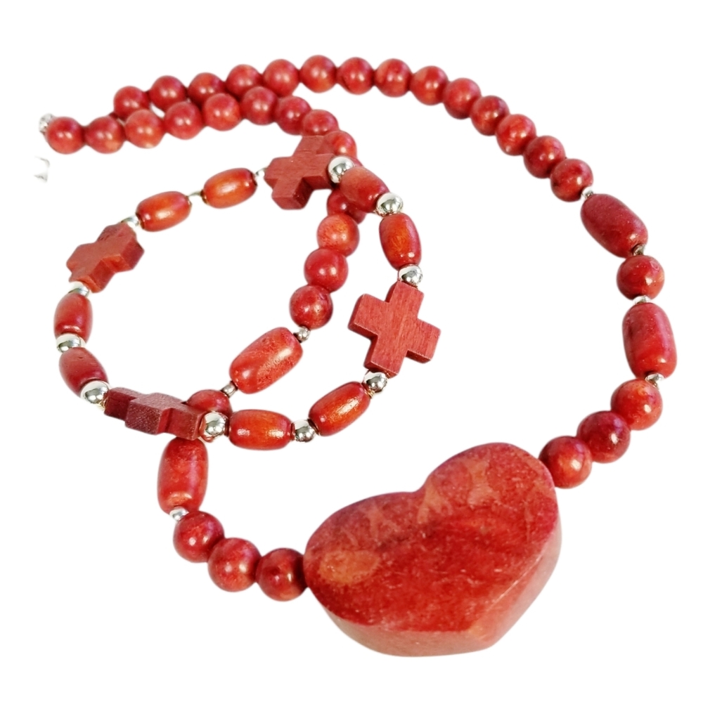 GSJ Spiny Oyster Heart & Bead Necklace EUC